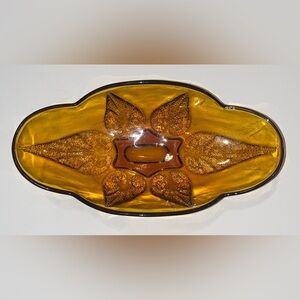 Oval Amber Indian Glass Footed Candy Dish With Stippled Leaf Design 10”